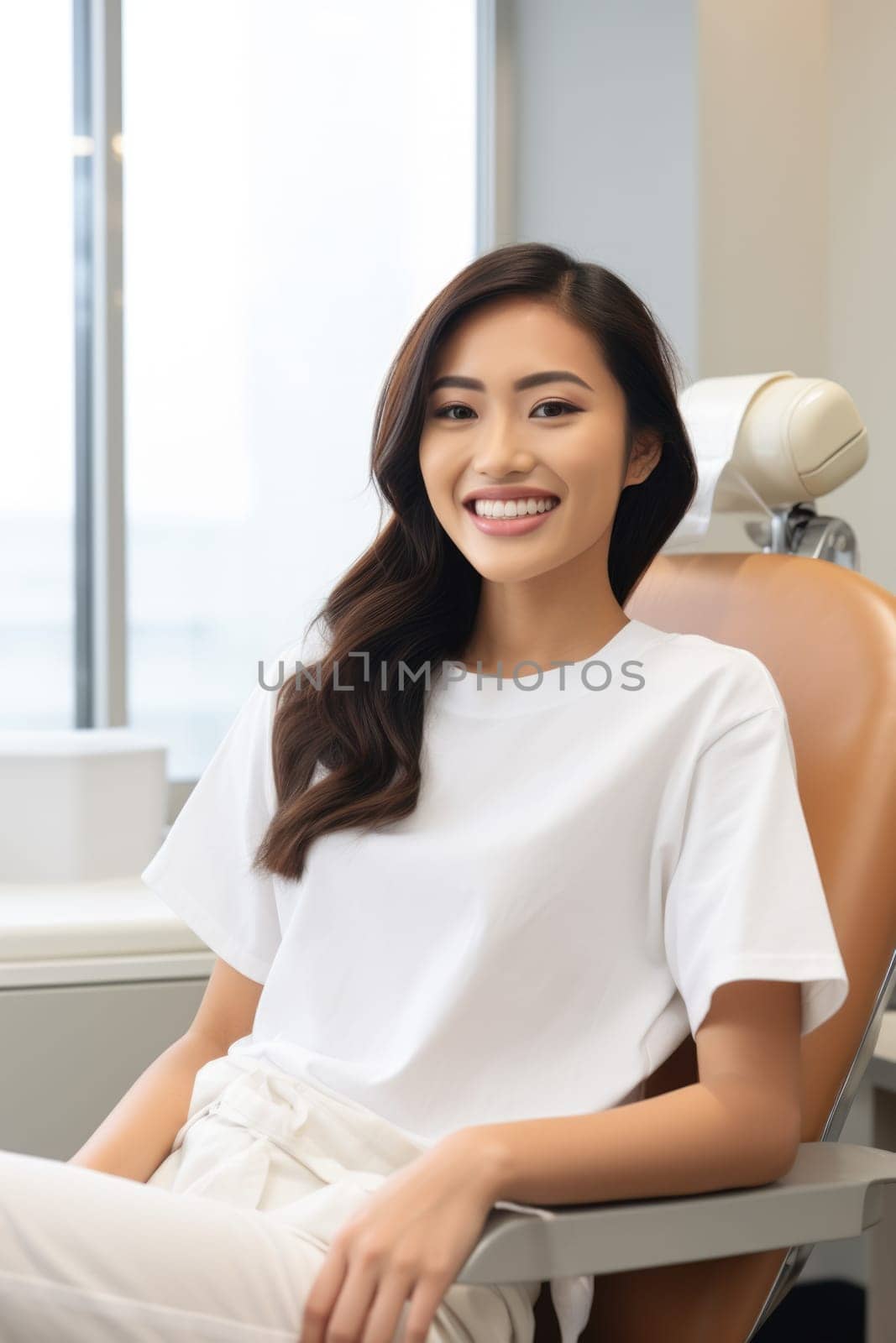 asian young woman smiling happily while sitting in medical chair at dental clinic. AI Generated