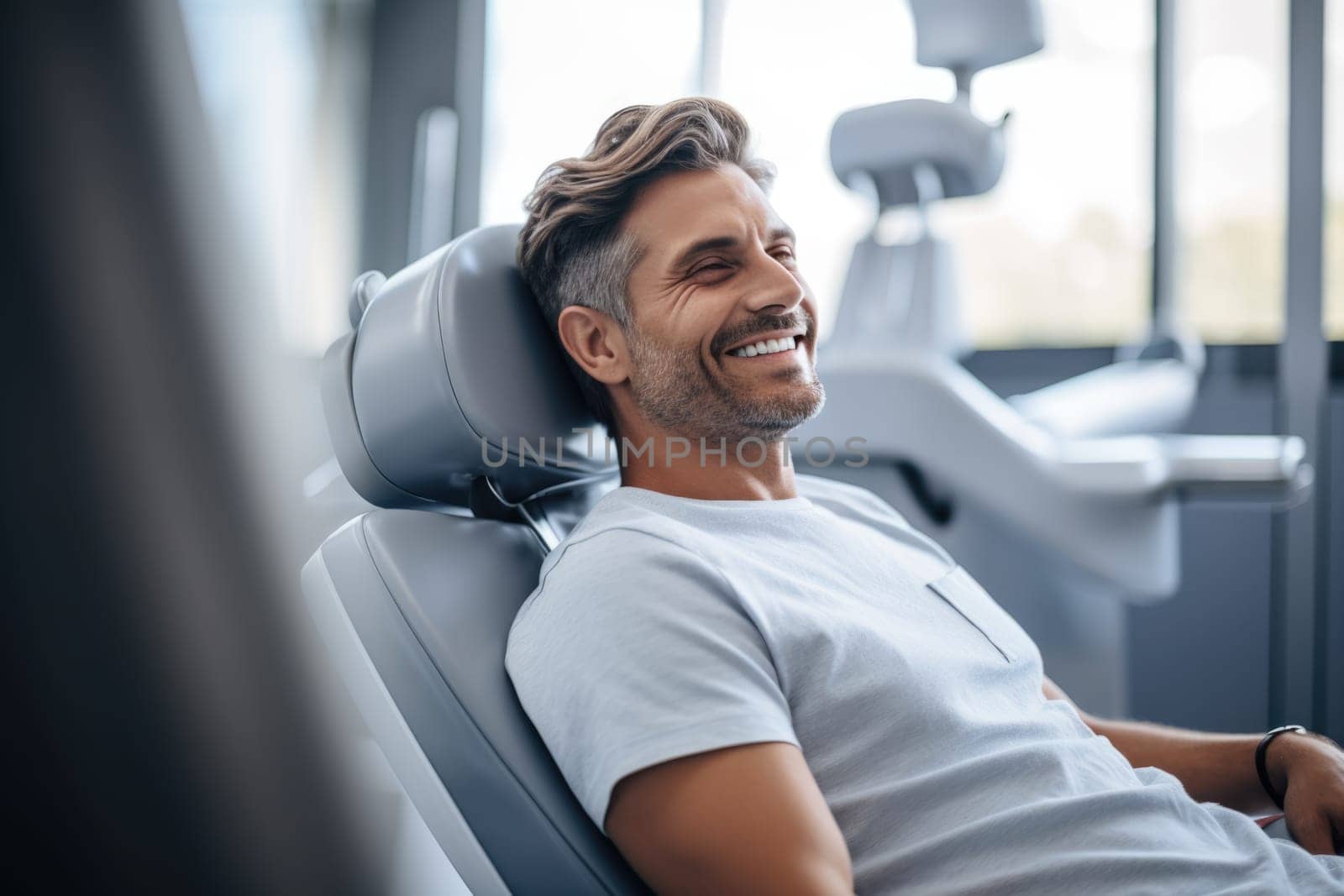 European man smiling happily while sitting in medical chair at dental clinic. AI Generated by Desperada