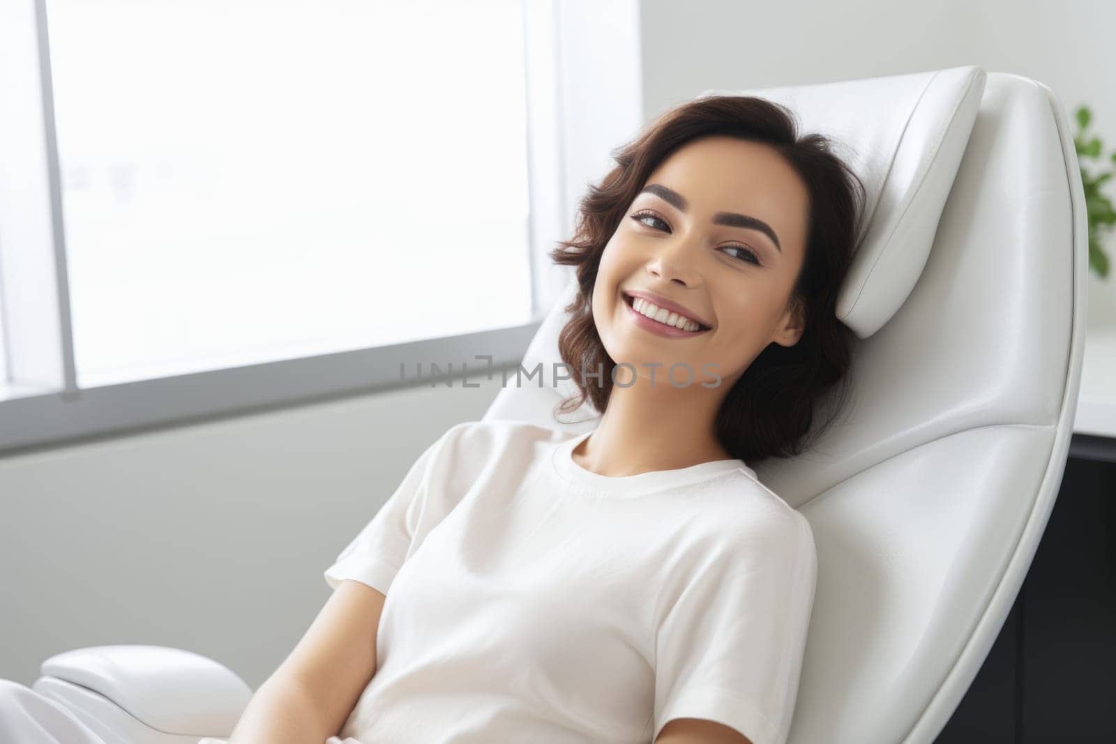 European woman smiling happily while sitting in medical chair at dental clinic. AI Generated by Desperada