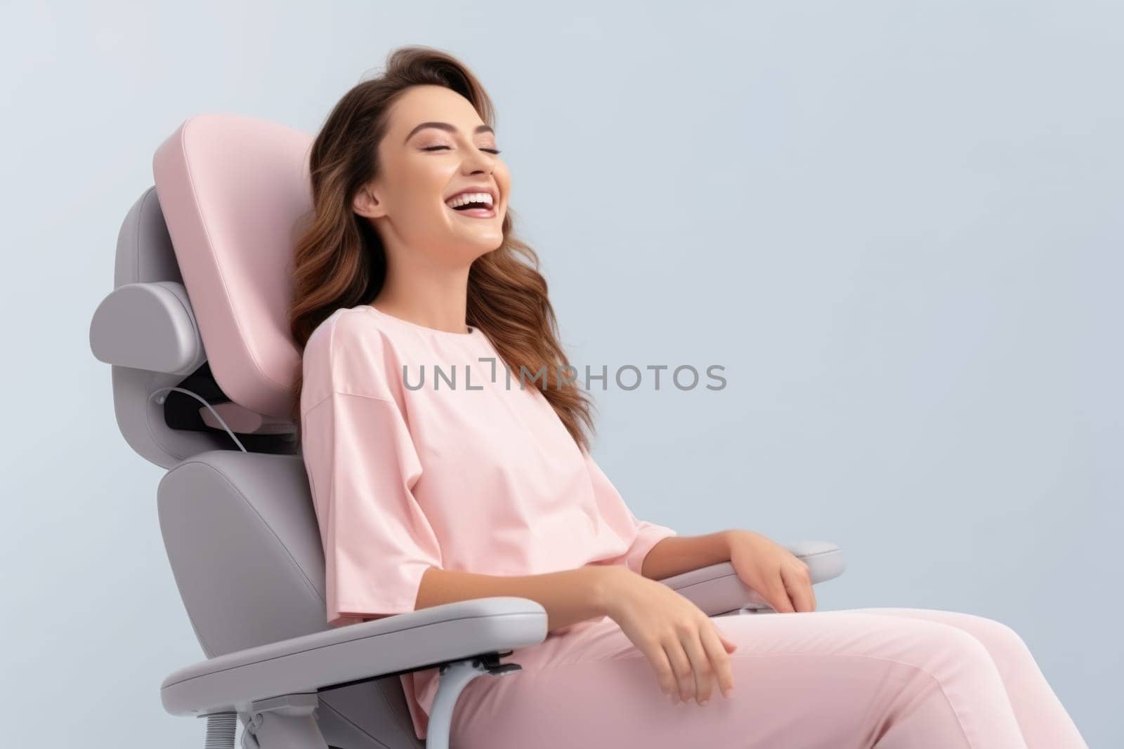 European young woman smiling happily while sitting in medical chair at dental clinic. AI Generated