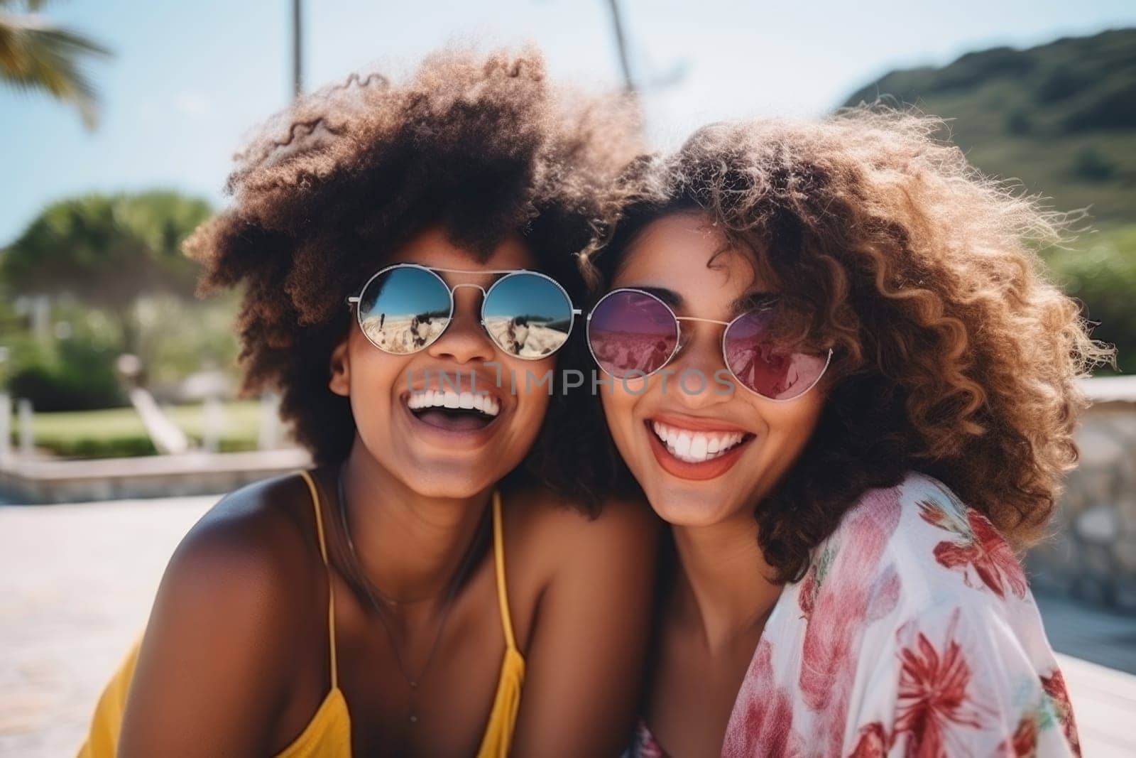 portrait of happy multiracial female friends having party outdoors. AI Generated by Desperada