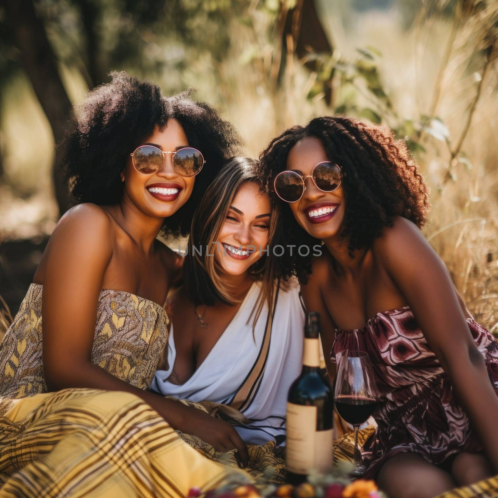 Group of smiling multiracial female best friends sitting together on blanket with fruits enjoying at picnic in the park. AI Generated