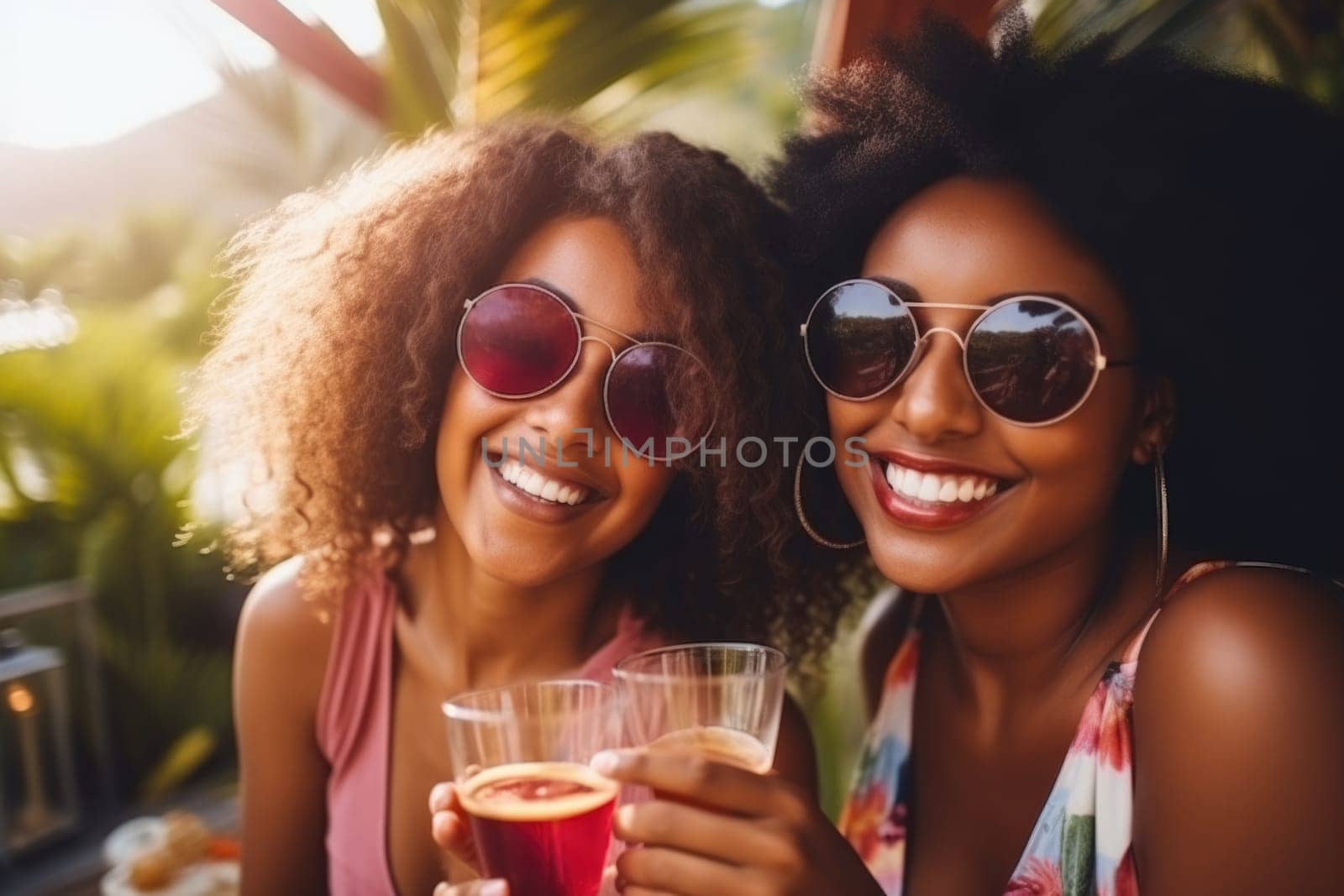 Group of smiling multiracial female best friends sitting together on blanket with fruits enjoying at picnic in the park. AI Generated