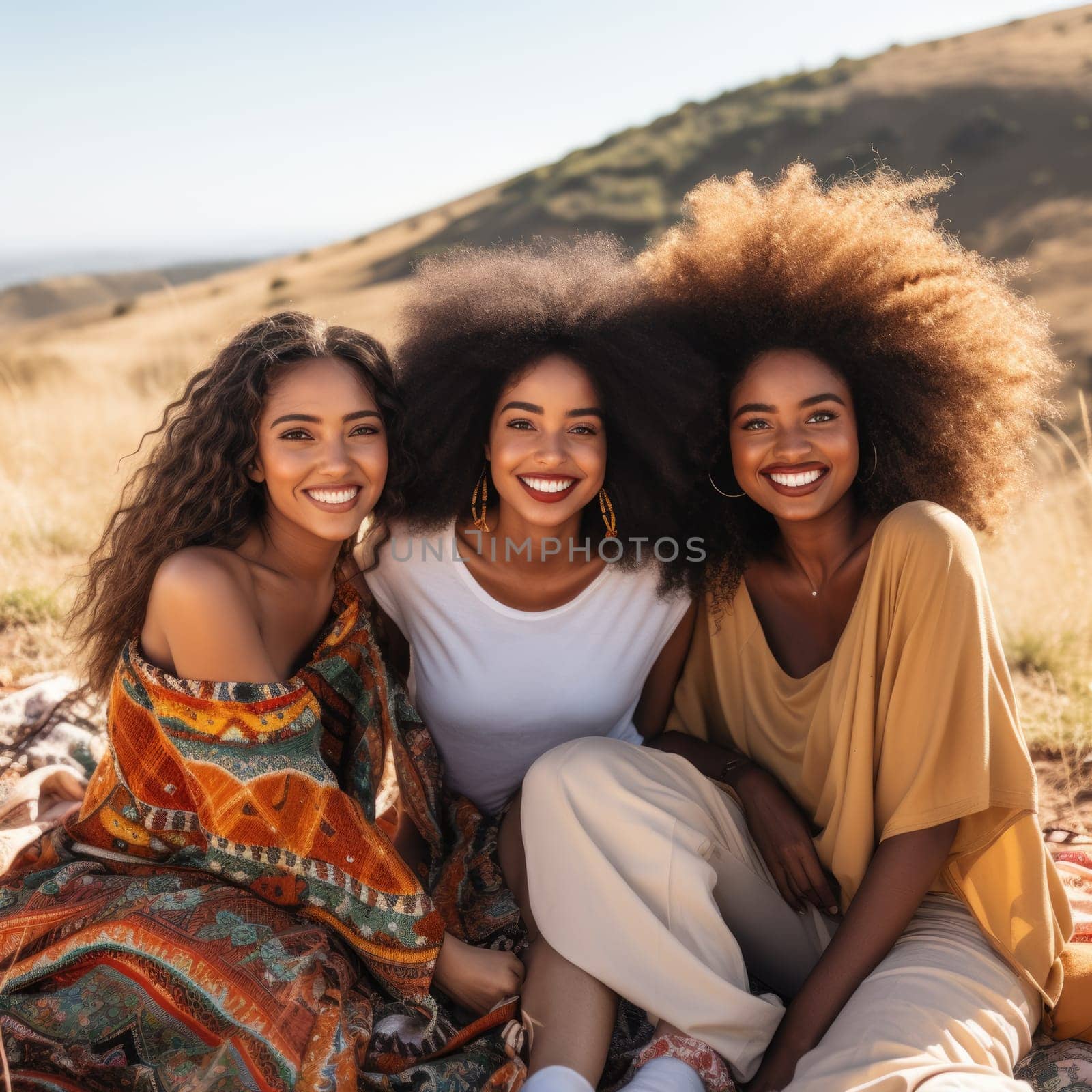 Group of smiling multiracial female best friends sitting together on blanket with fruits enjoying at picnic in the park. AI Generated