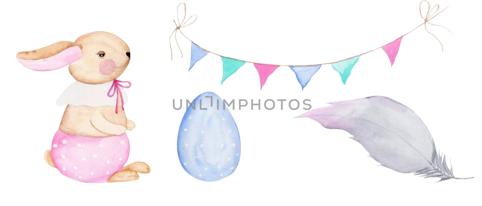 Watercolor Easter cute set of bunny eggs, garland and feathers. Isolates on a white background in soft pastel colors for the design of cards and invitations by TatyanaTrushcheleva