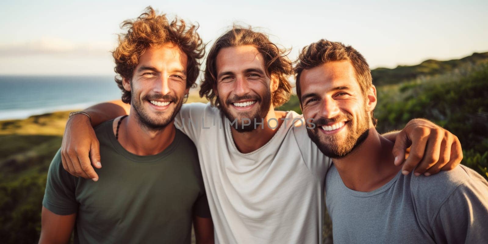 three male friends having fun outdoors. AI Generated by Desperada