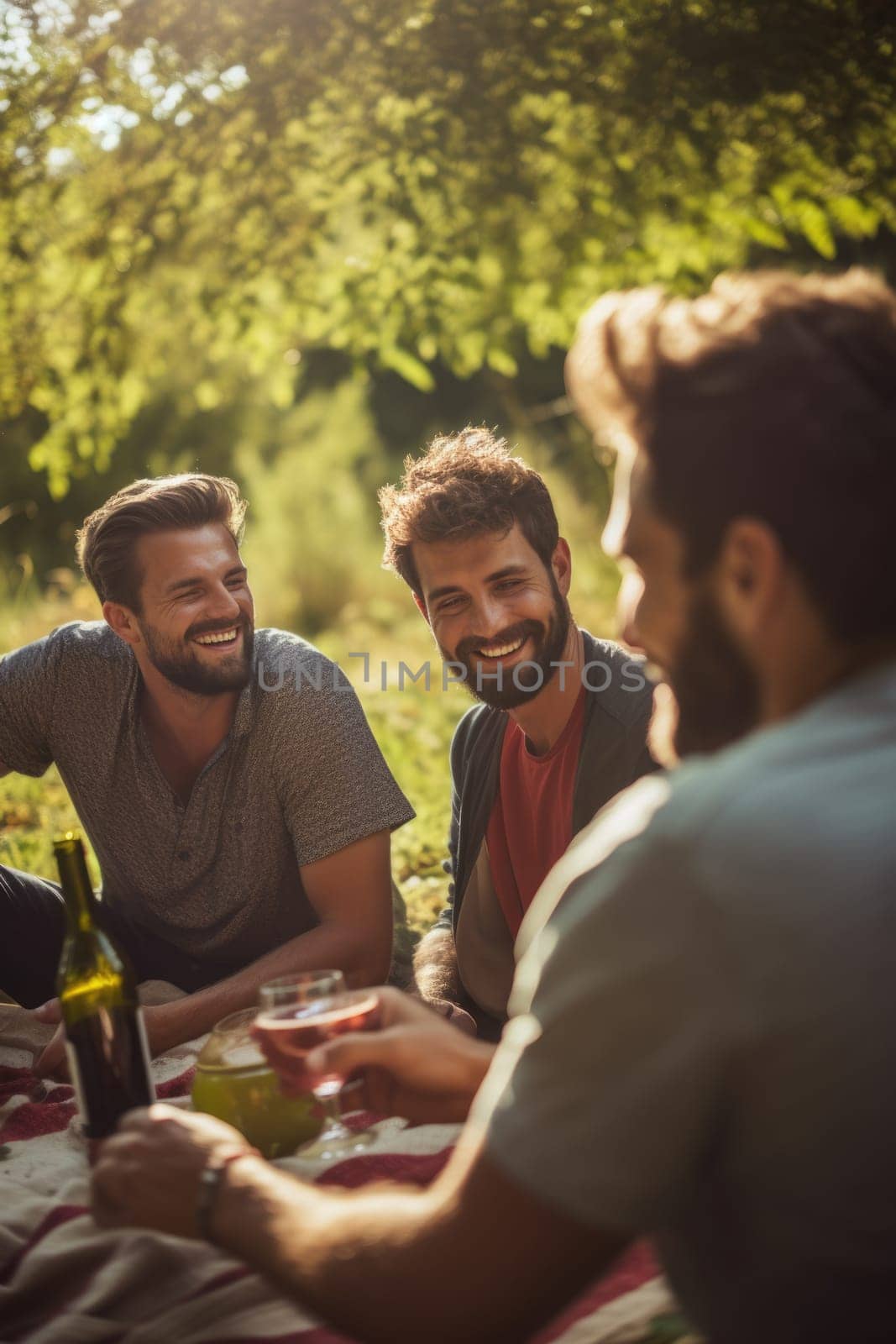 Happy young three men having fun outdoors in summer, celebrating friendship and good times, eating and drinking. AI Generated