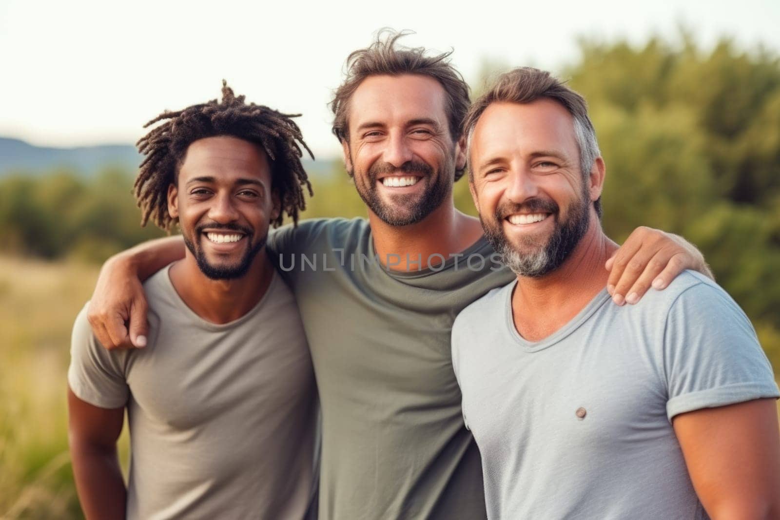 three male friends having fun outdoors. AI Generated by Desperada