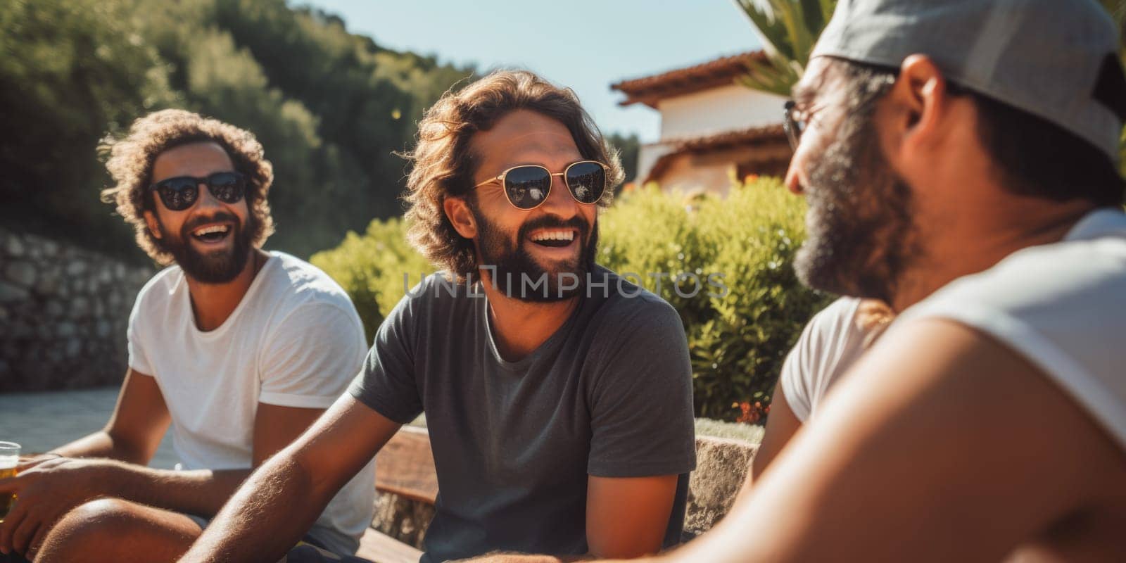 Happy young three men having fun outdoors in summer, celebrating friendship and good times. AI Generated