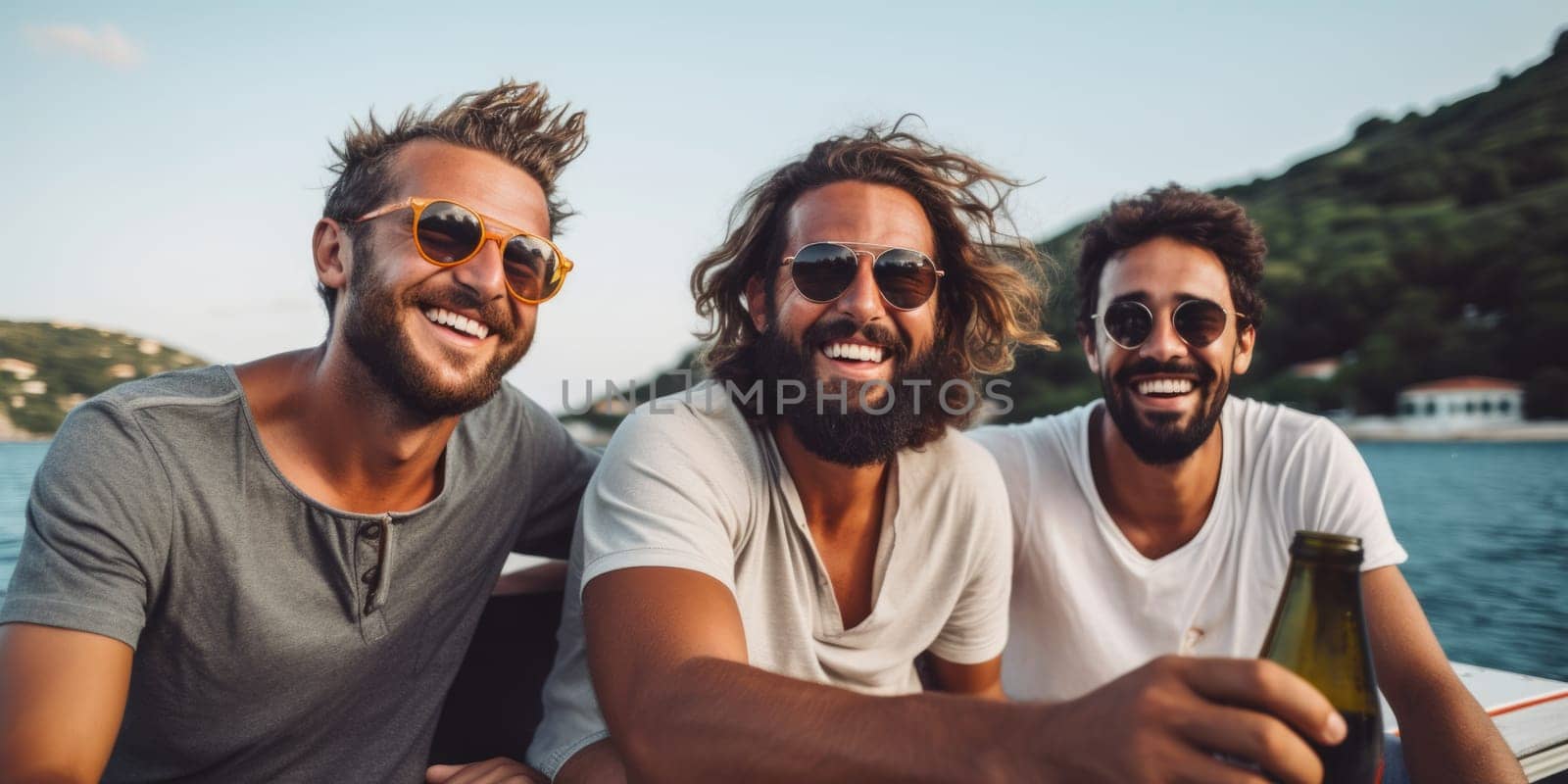 Happy young three men having fun outdoors in summer, celebrating friendship and good times, eating and drinking. AI Generated