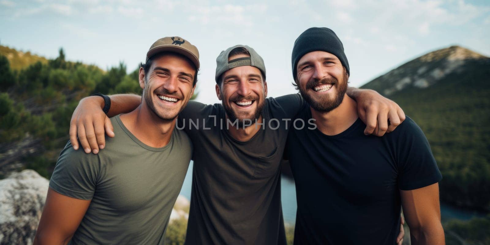 Happy young three men having fun outdoors in summer, celebrating friendship and good times. AI Generated