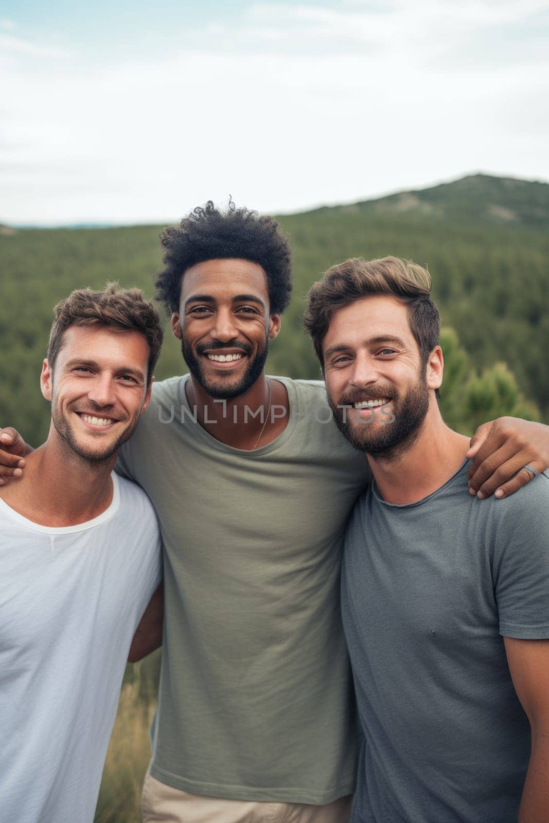 three male friends having fun outdoors. AI Generated by Desperada