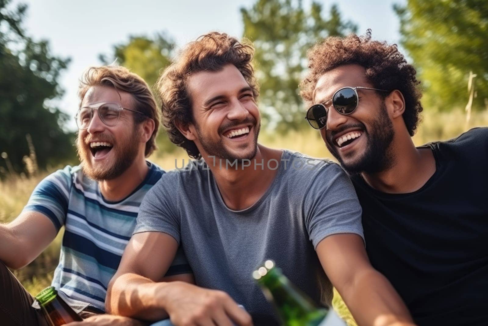 three male friends having fun outdoors. AI Generated by Desperada