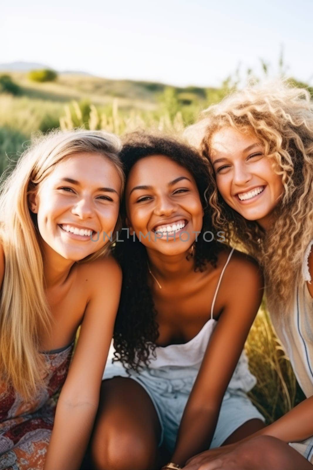 Happy young three women having fun outdoors in summer, celebrating friendship and good times. AI Generated