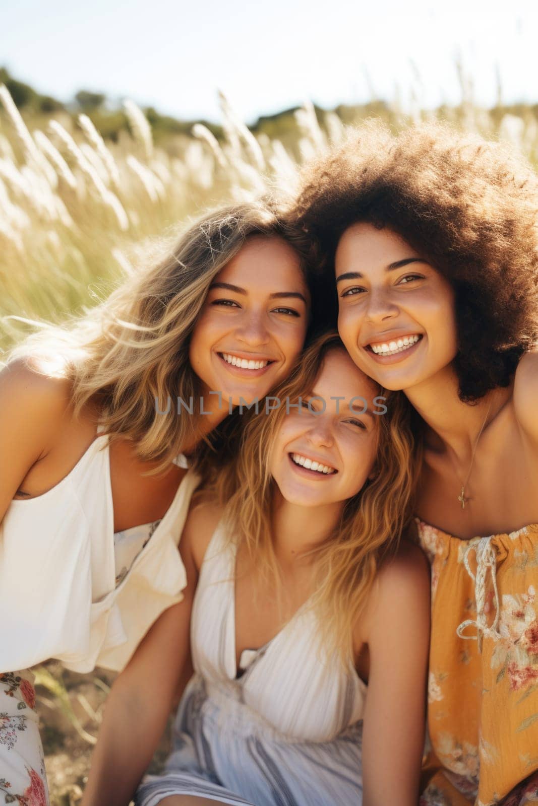 Happy young three women having fun outdoors in summer, celebrating friendship and good times. AI Generated