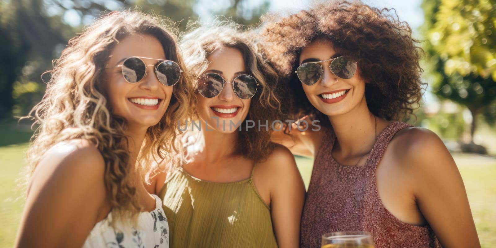 Happy young three women having fun outdoors in summer, celebrating friendship and good times. AI Generated