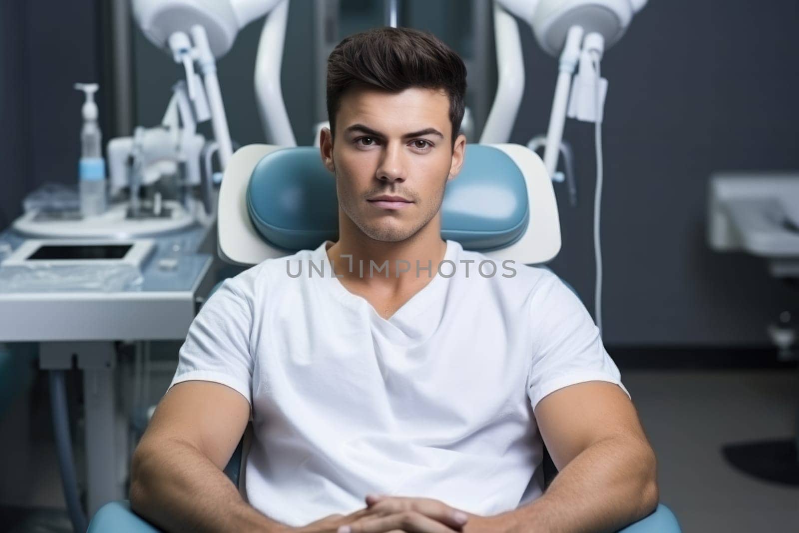 European man smiling happily while sitting in medical chair at dental clinic. AI Generated by Desperada