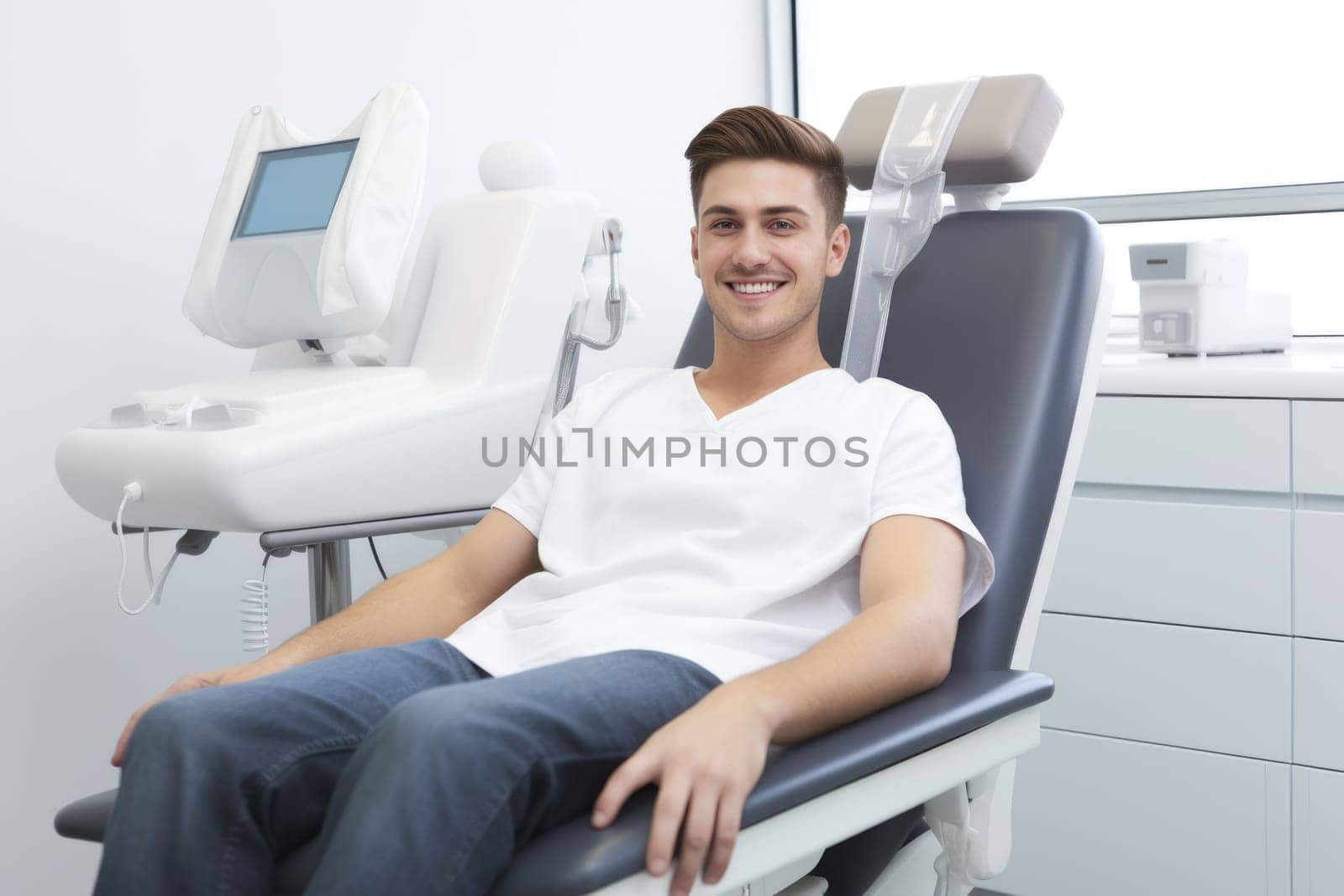 European young man smiling happily while sitting in medical chair at dental clinic. AI Generated