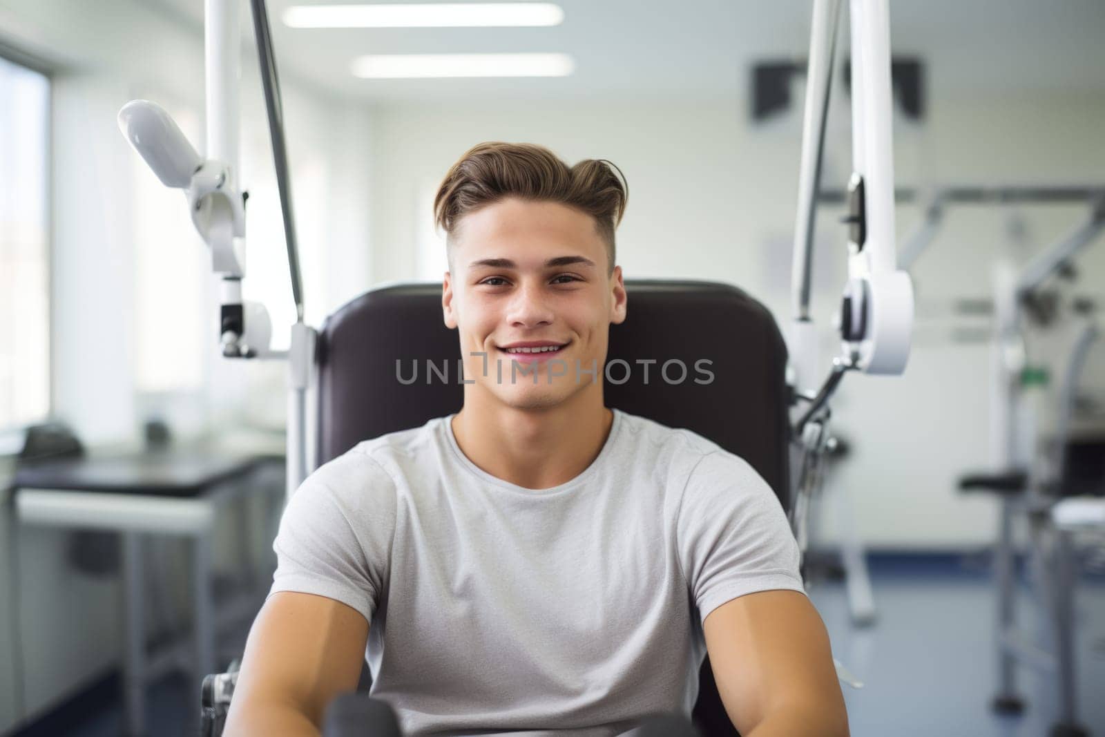 European man smiling happily while sitting in medical chair at dental clinic. AI Generated by Desperada