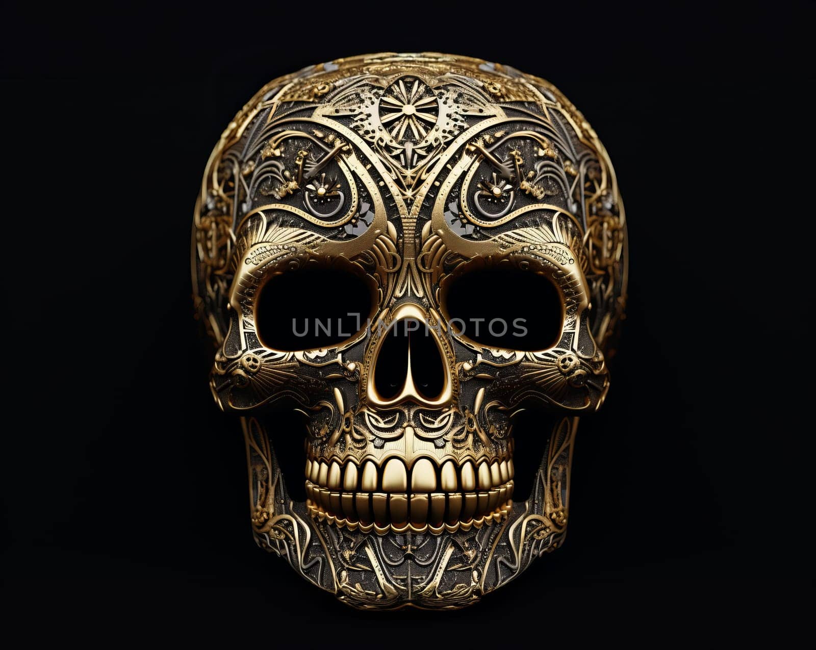 Gold detailed patterned skull on a dark background by studiodav