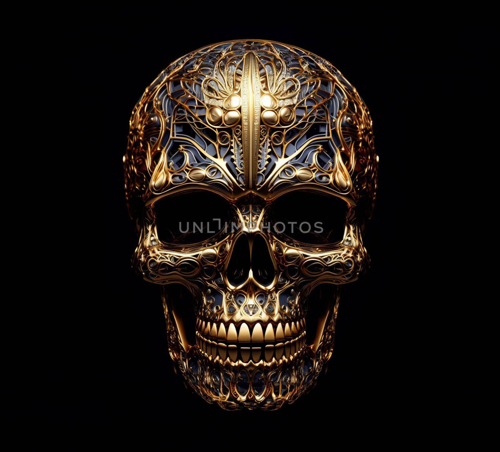 Gold detailed patterned skull on a dark background 5k