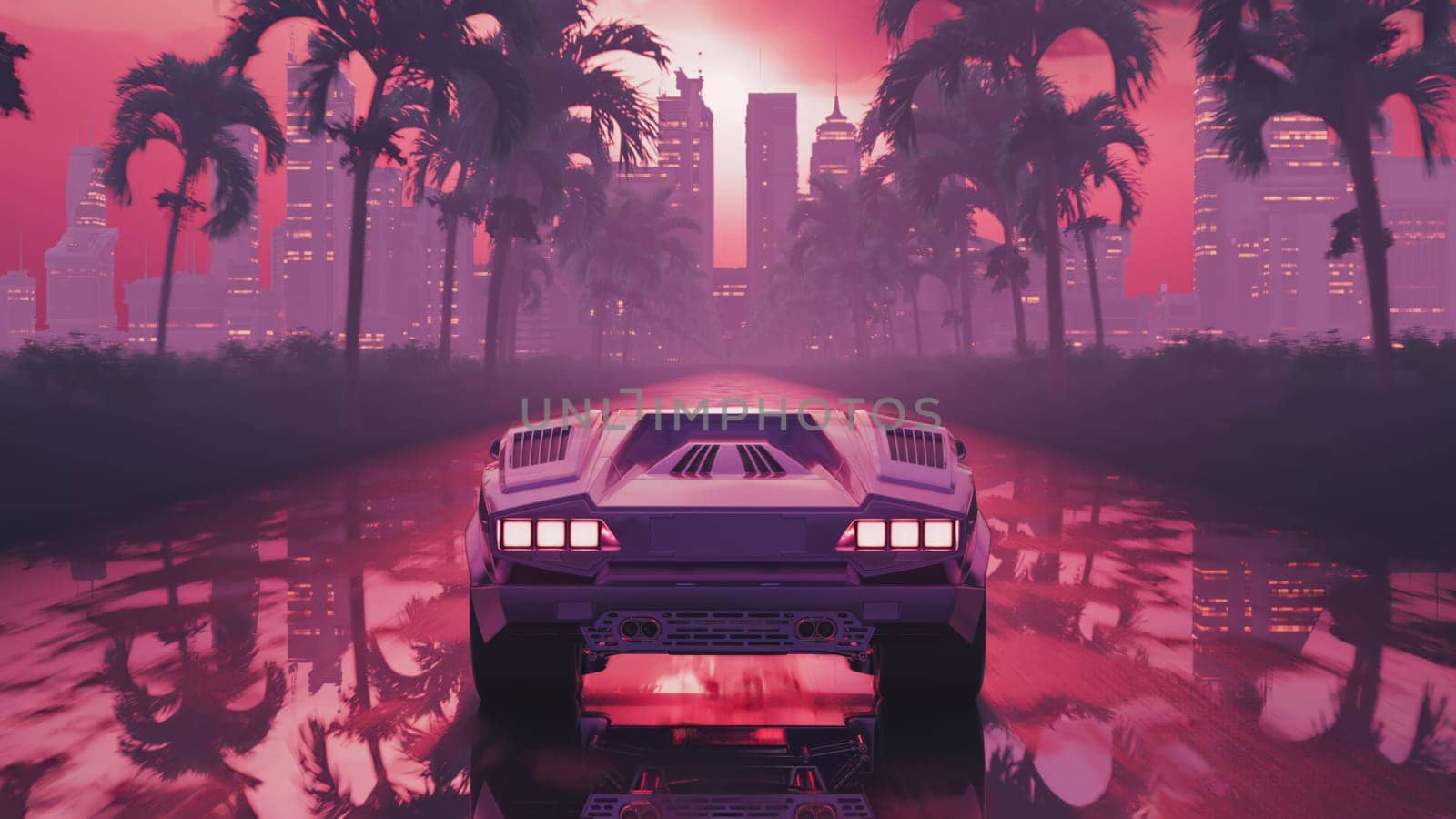 3d render car driving on wet asphalt in retro style at sunset by studiodav