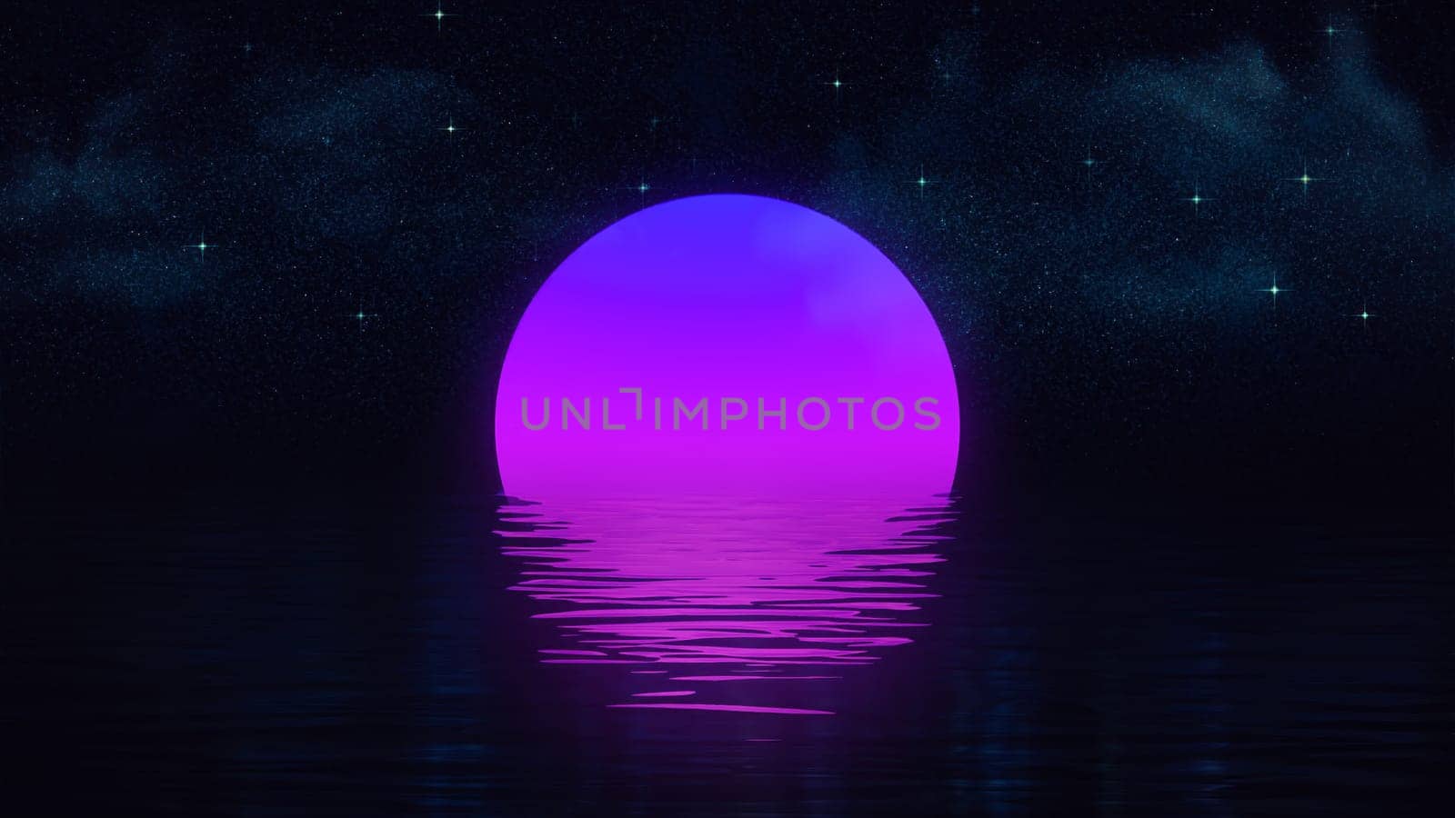 3d render Purple pink sun reflected in the water in a minimalist style on a black background in 4k