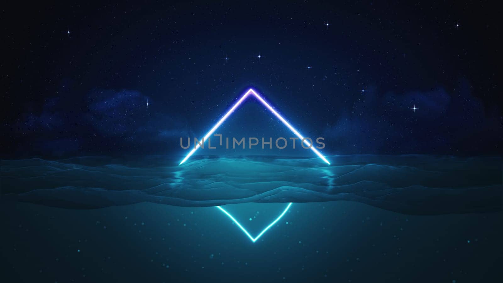 3d render neon rhombus floating in the water against the starry sky by studiodav