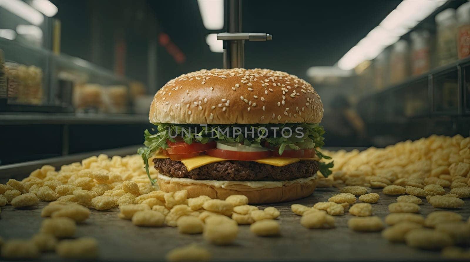 Photo of a juicy hamburger. AI generated