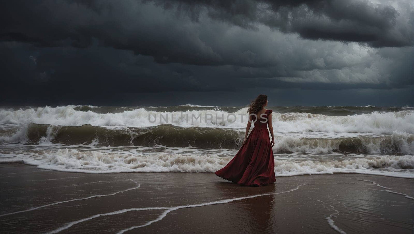 Woman in evening dress in front of stormy sea. AI generated