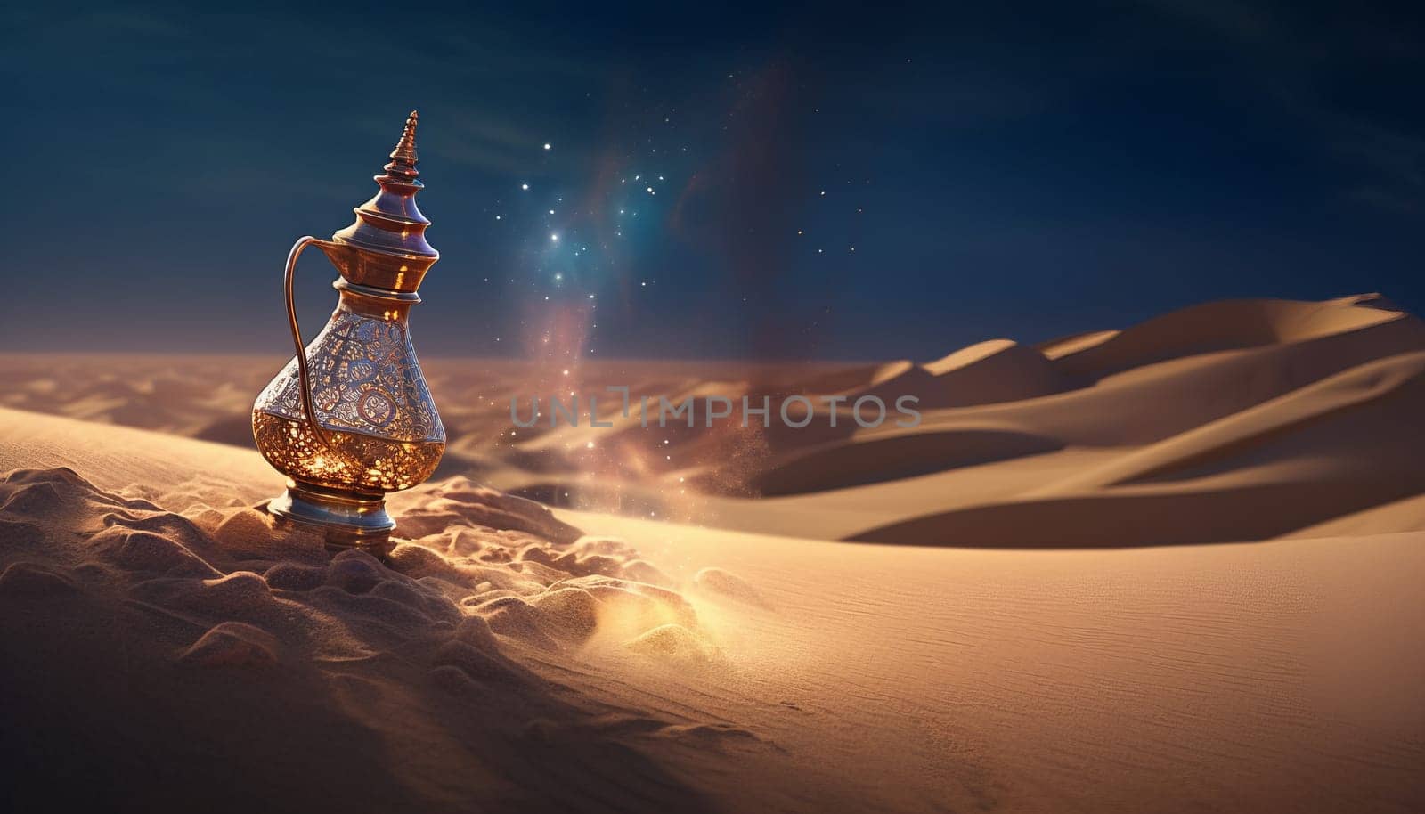 magic lamp with genie in the desert at night by studiodav