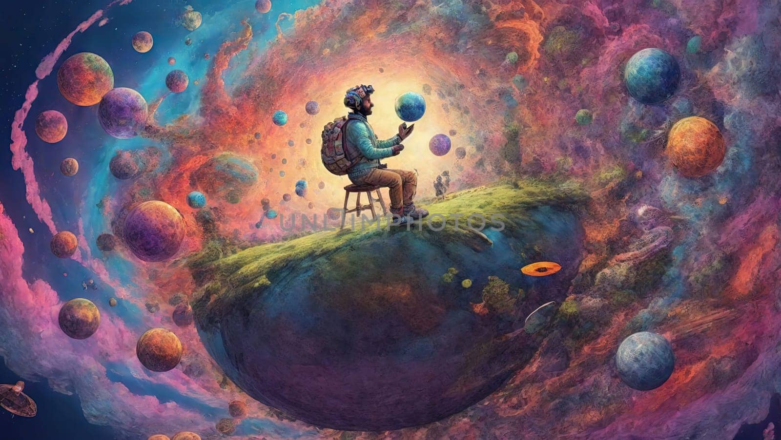 A traveler holds a small planet in his hands by applesstock