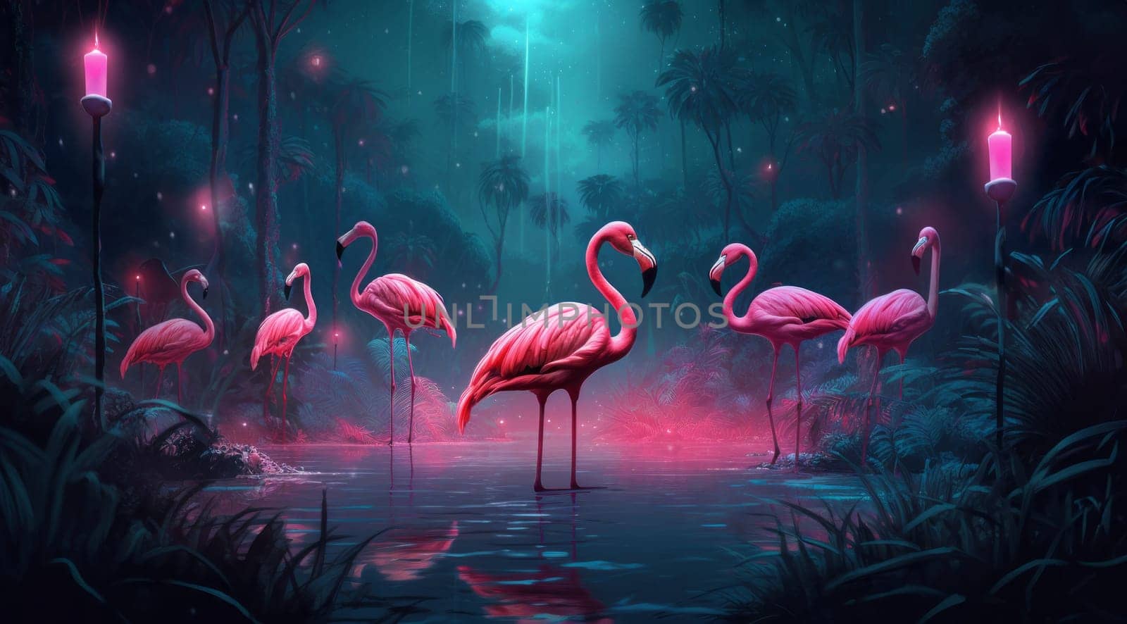 A flock of pink flamingos at night in the jungle by studiodav