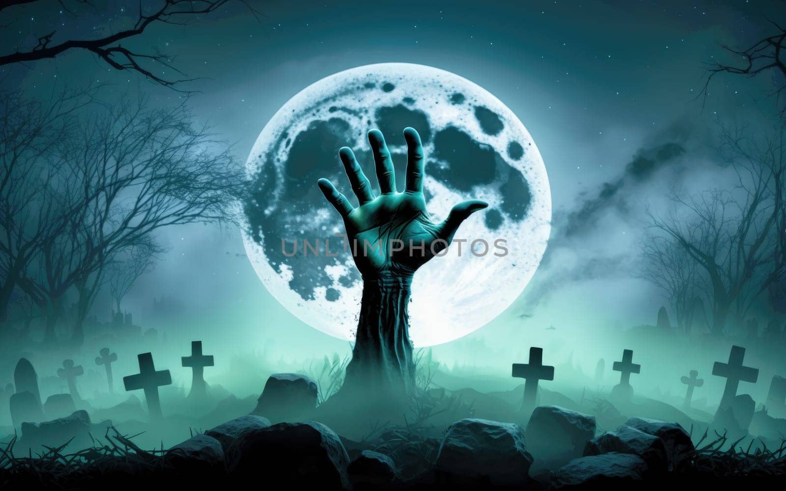 Zombie hand crawls out of the ground at night against the background of the moon in the cemetery by studiodav