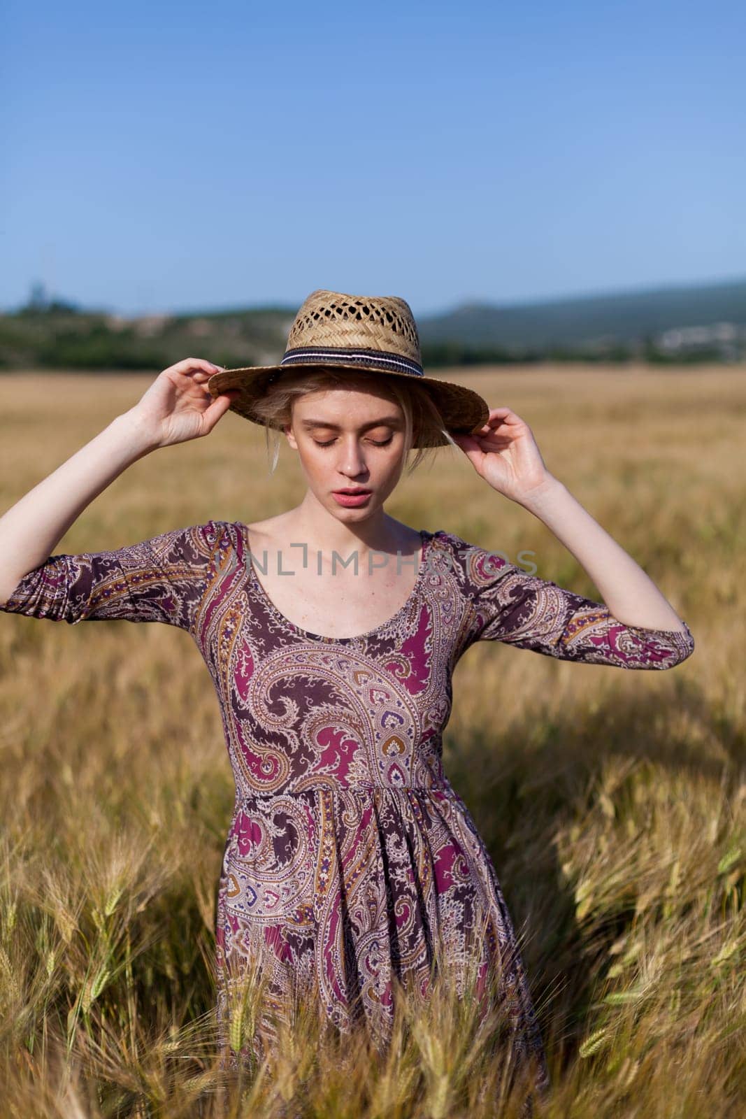 a smoldering fashionable woman in a dress in a field of ripe wheat