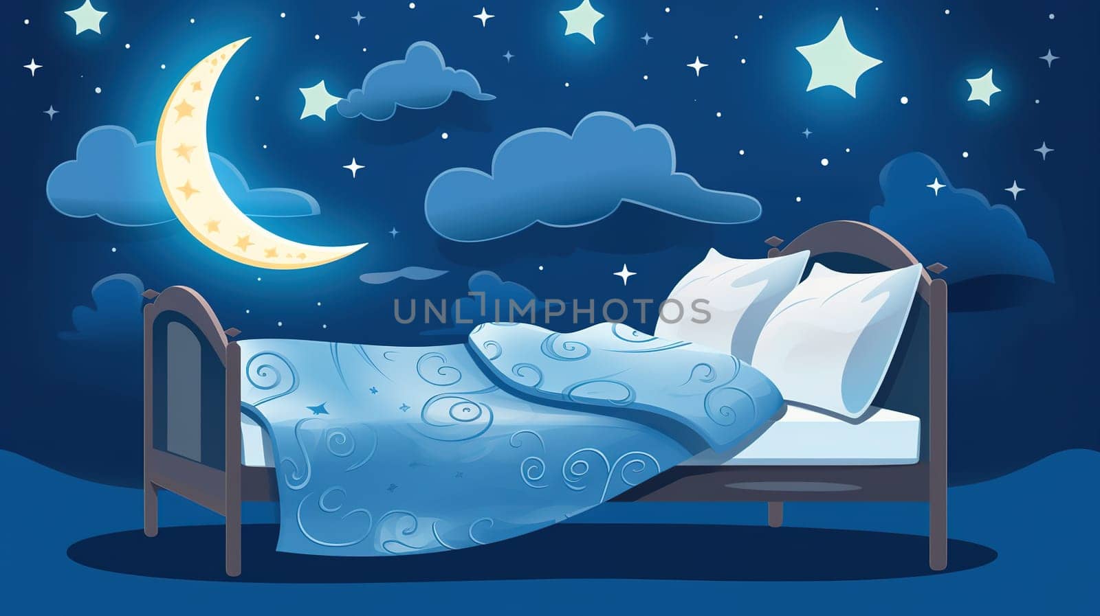 Bed with moon and stars around, sleeping concept by Kadula