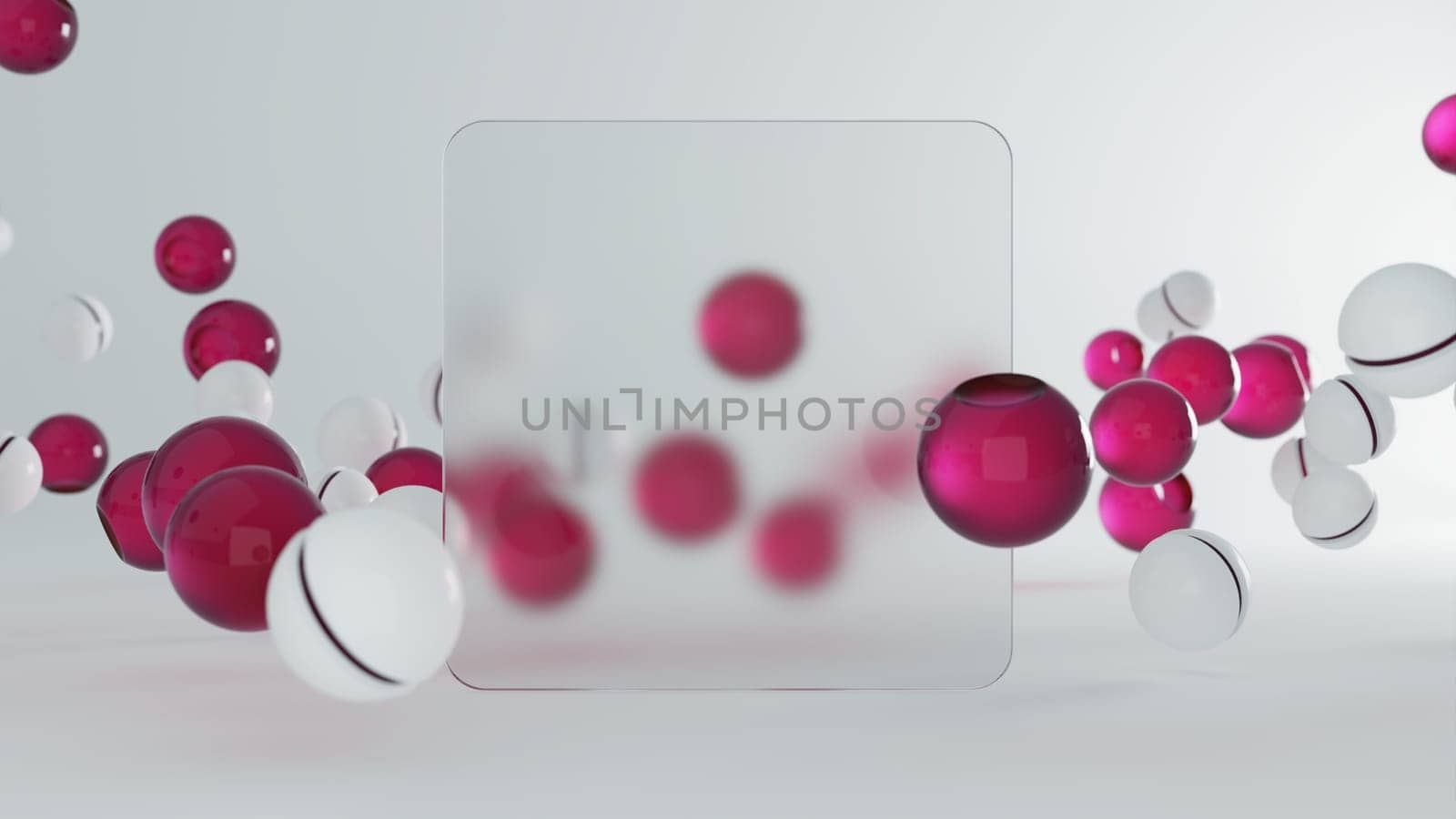 Background 3d abstraction from a group of layers of glass and plastic. Mockup on the topic of particle research, macro view with bokeh on balls, and with transparent glass. 3d rendering