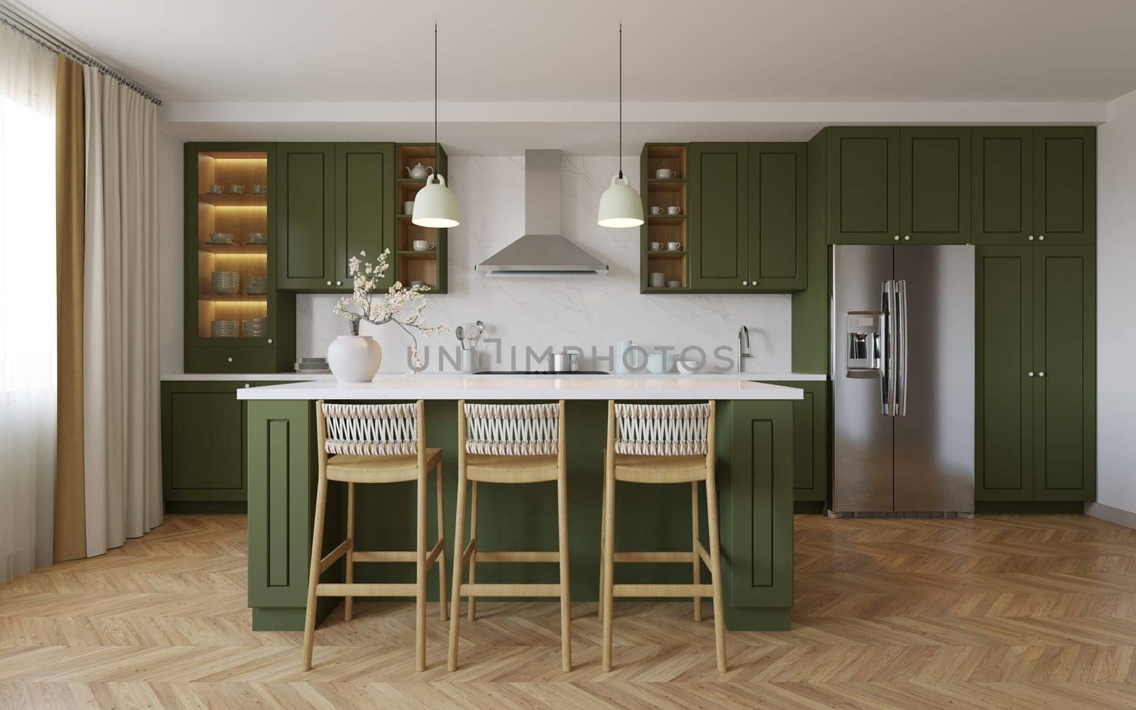 Green kitchen interior with island. Stylish kitchen with white countertops. by N_Design