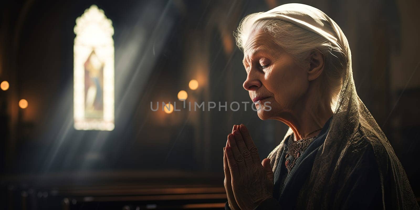 Praying grandmother in the church, religion concept by Kadula