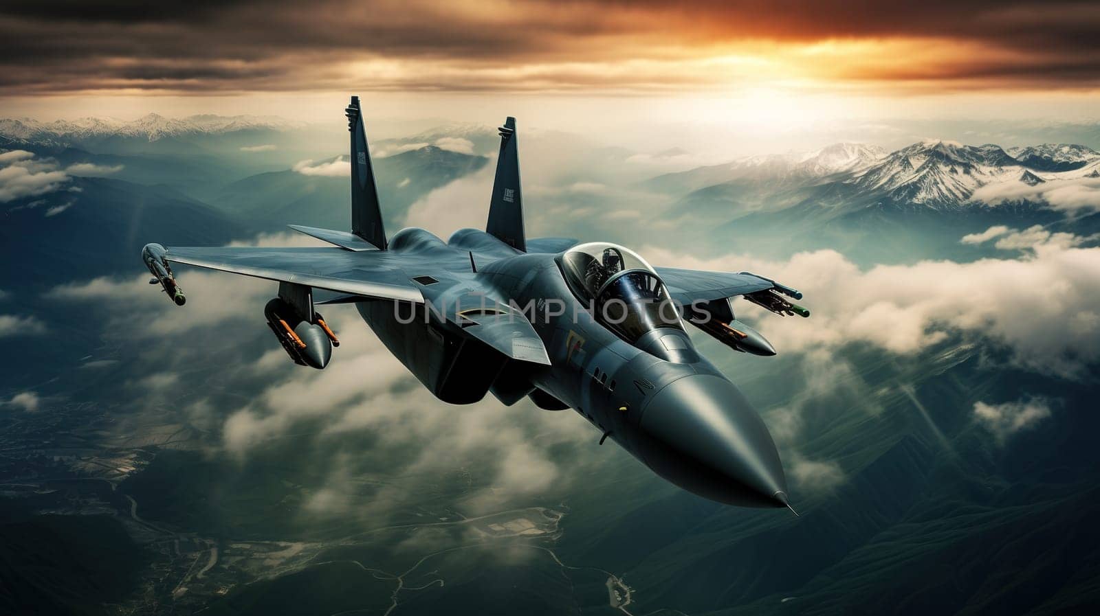 Flying fighter with a military ammunition during war conflict, warfare concept