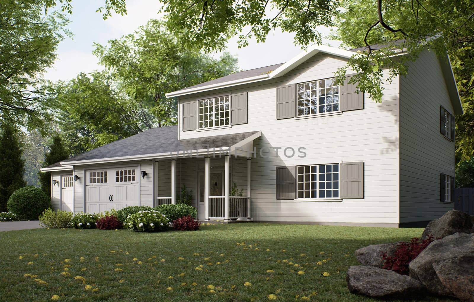 Traditional American home with two garages, a driveway and a large tree. by N_Design