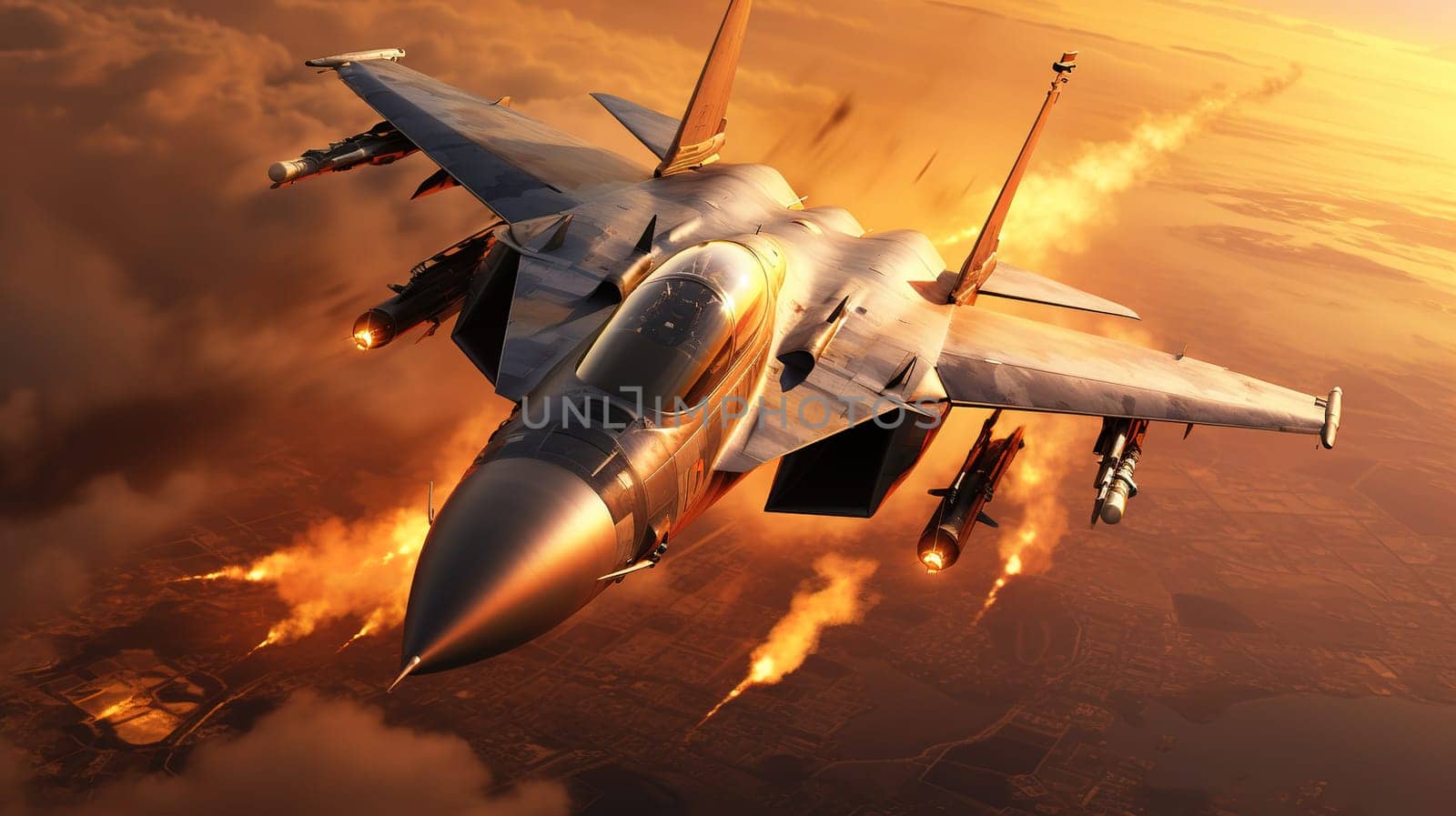 Flying fighter with a military ammunition during war conflict, warfare concept