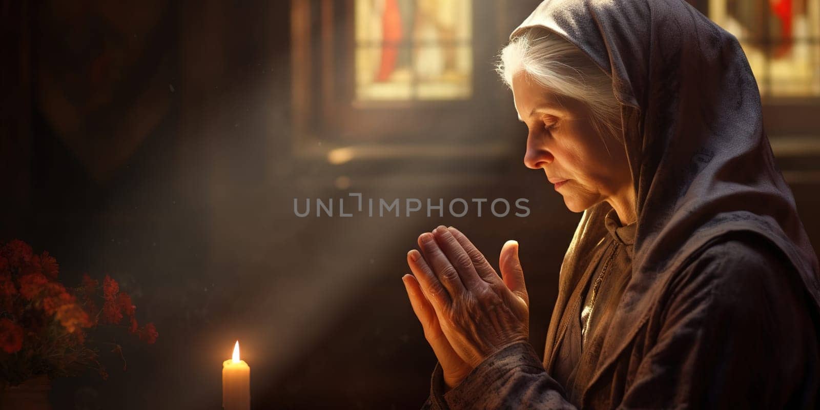 Praying grandmother in a church, religion concept