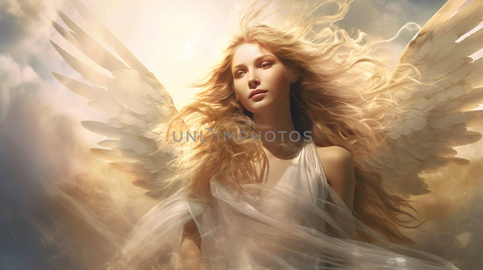 Angel woman with beautiful wings in a heaven, religion concept