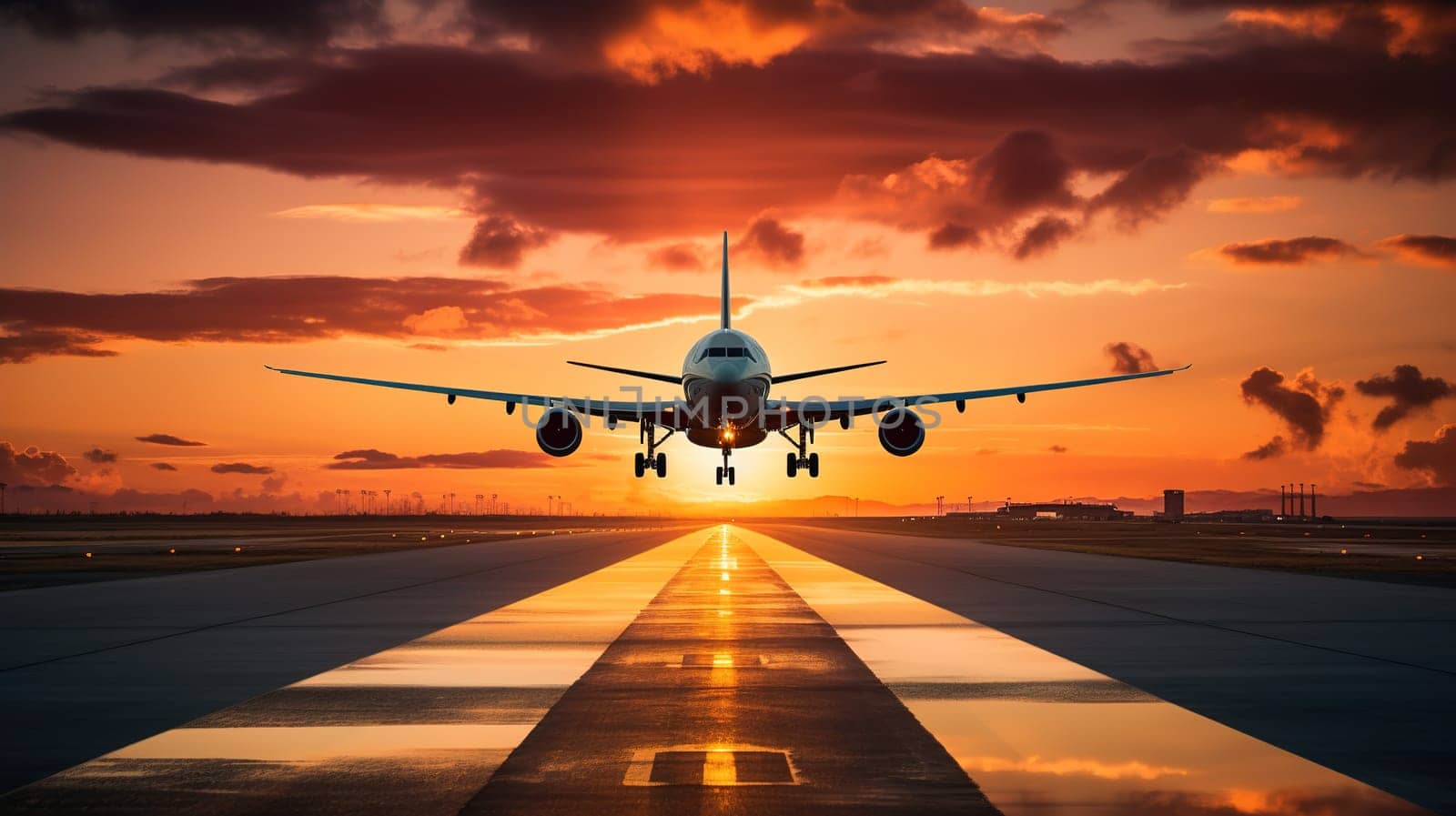 Airplane landing at the airport during summer sunset, transportation concept by Kadula