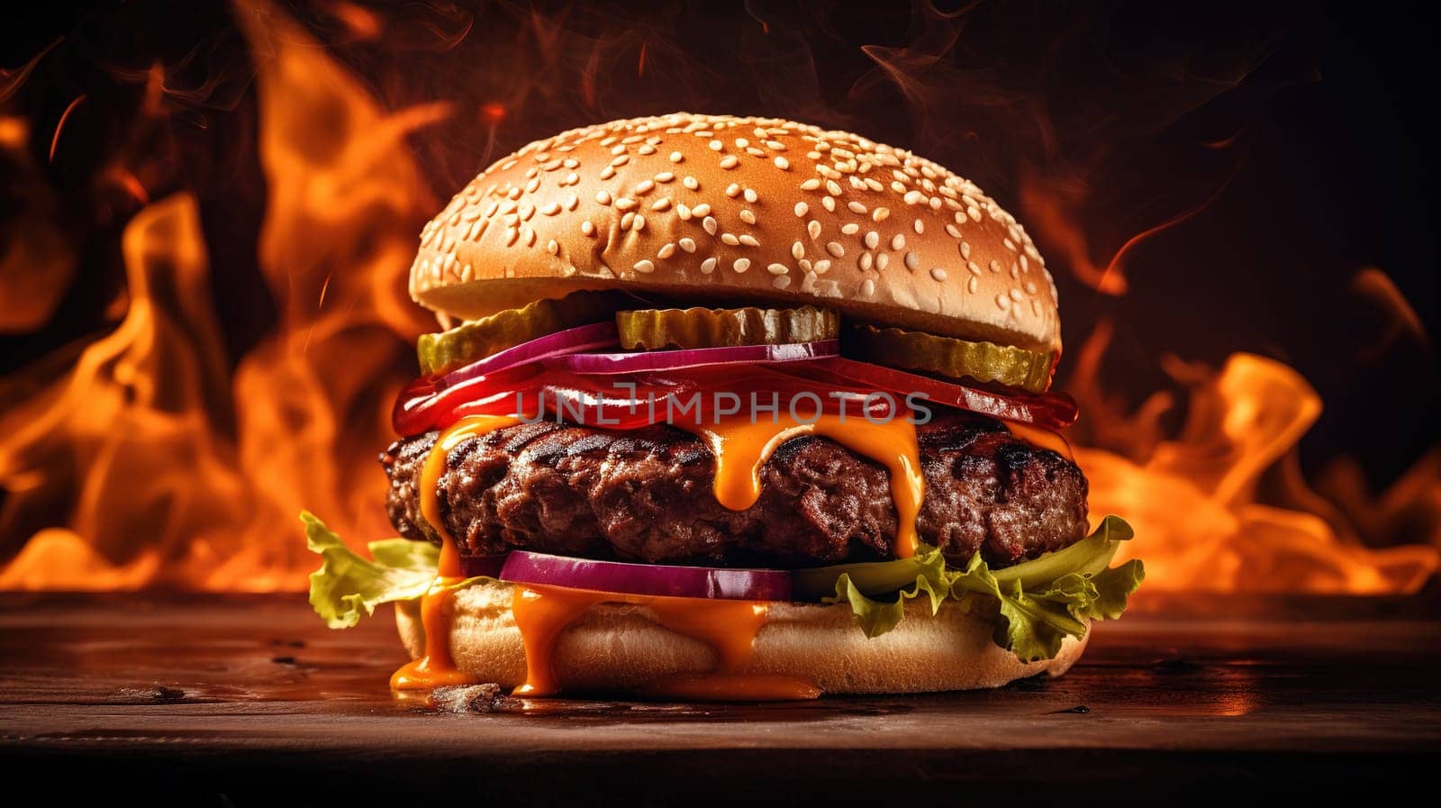 Beef burger with flames as background, food concept by Kadula