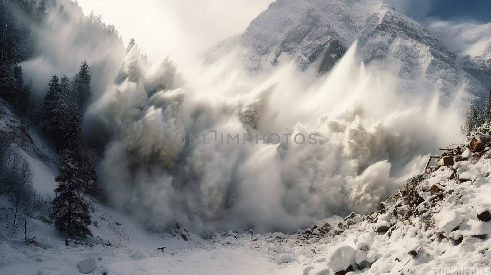 Huge snow avalanche, a mass of snow, ice, and rocks falling rapidly down a mountainside, nature concept by Kadula