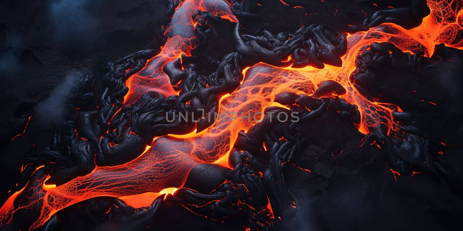 Aerial view to flowing lava from a volcano, amazing nature concept