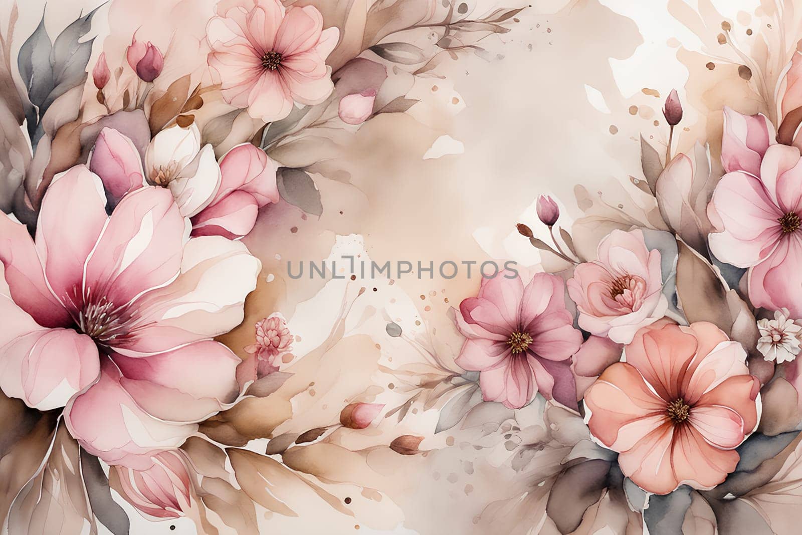 Abstract background of watercolor flowers, pink and beige colors by Annu1tochka