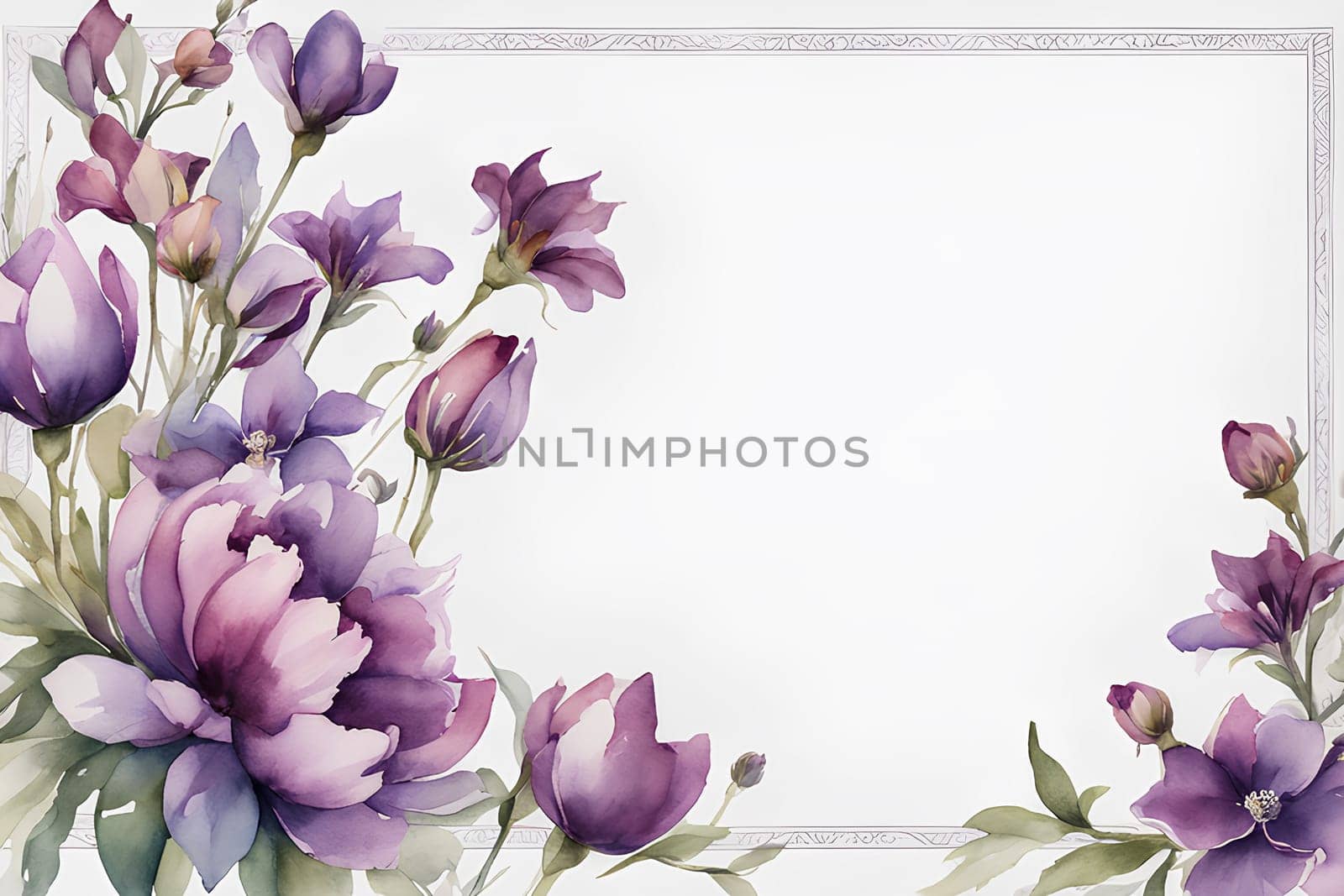 Framing purple flowers on white background with copy space; watercolor illustration